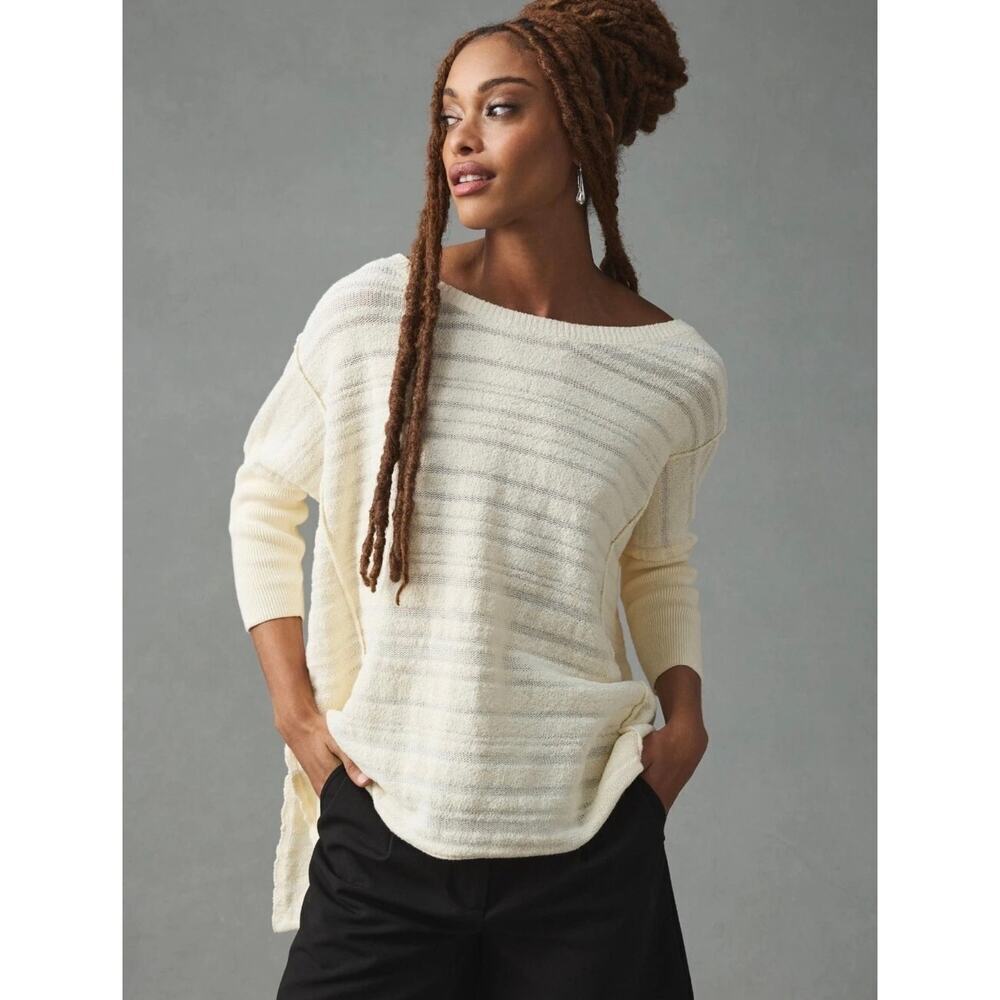 Pilcro Anthropologie Cream Knit 3/4 Sleeve Sweater XXS Ribbed Cozy Oversized